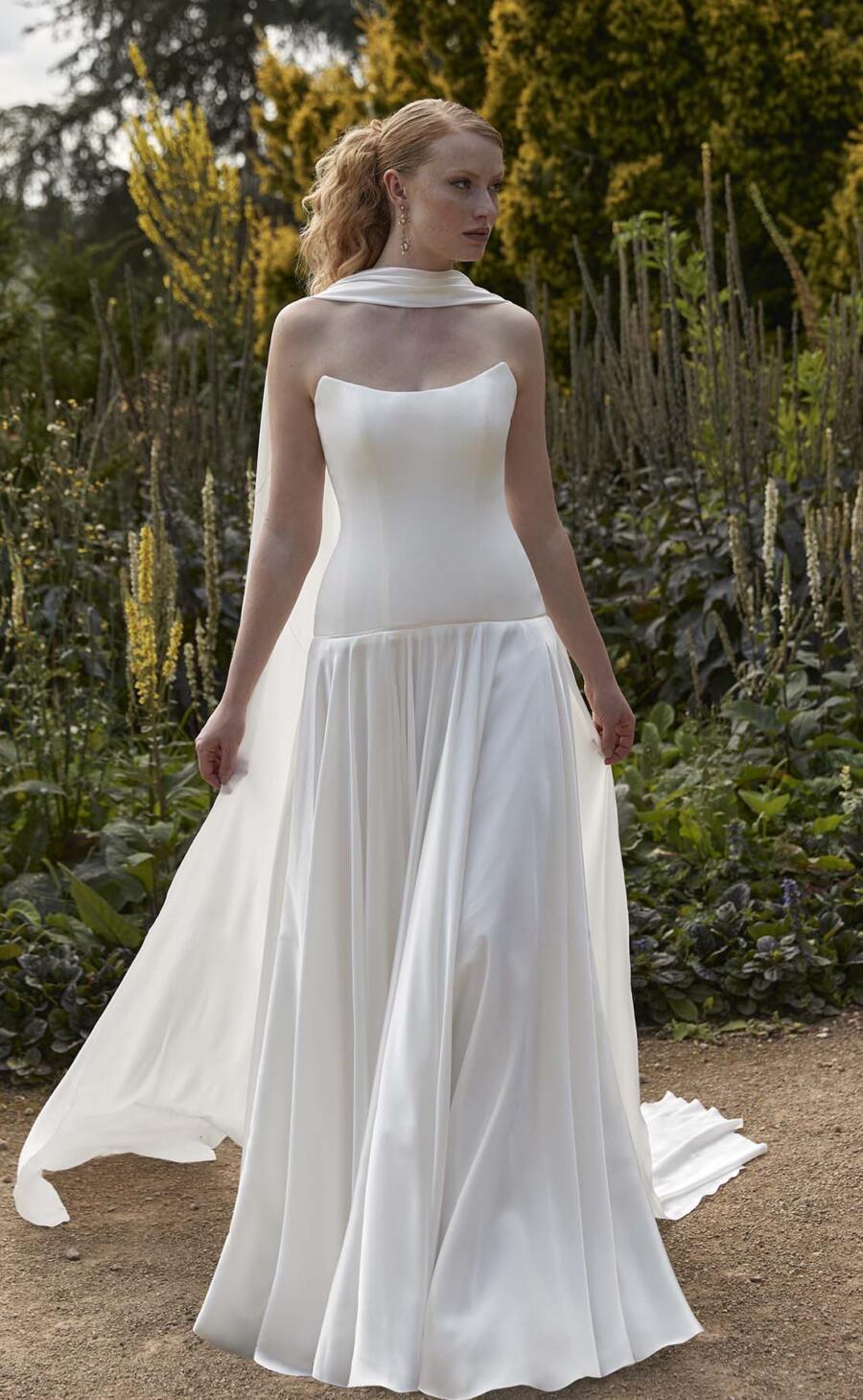 Sassi Holford Alexis Drop Waist Corseted Chiffon Wedding Dress with Neck Scarf