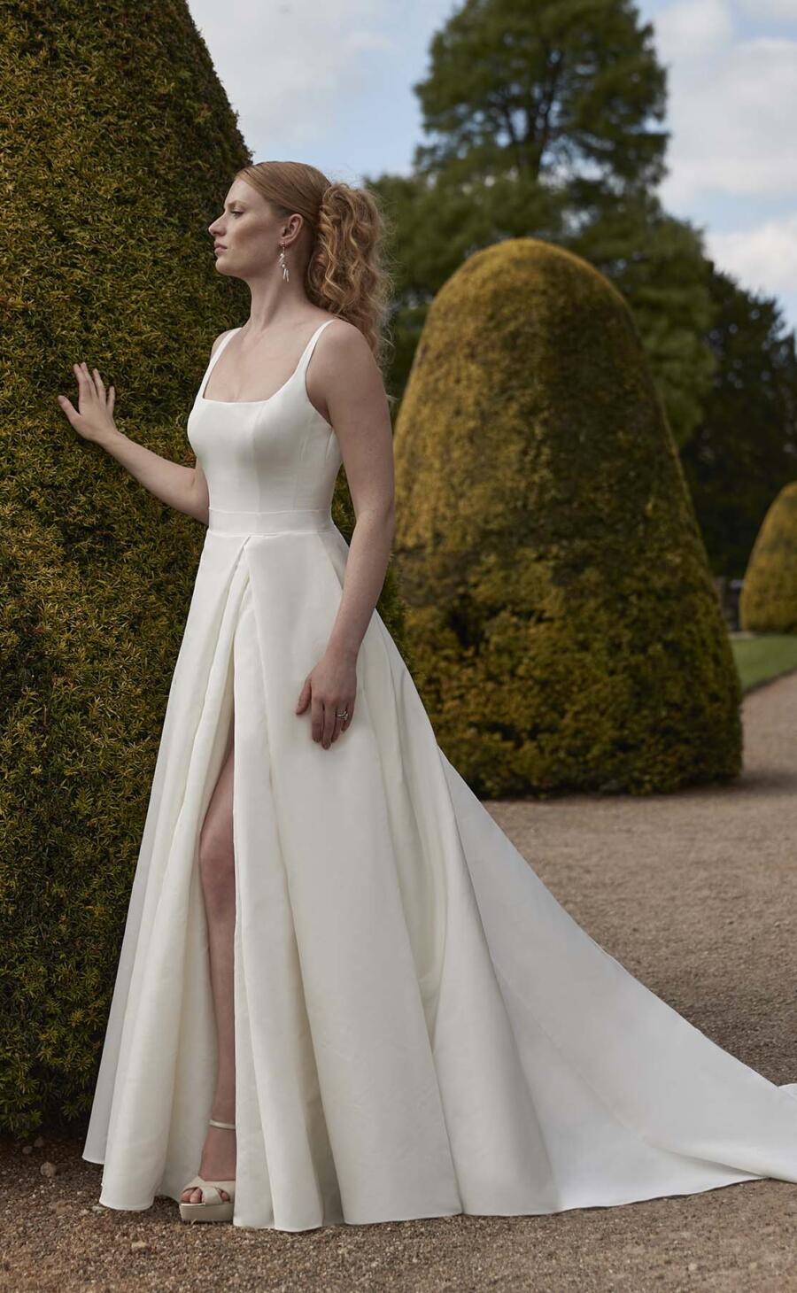 Sassi Holford Davina Silk Square Neck Ballgown Pleated Skirt with Split Wedding Dress