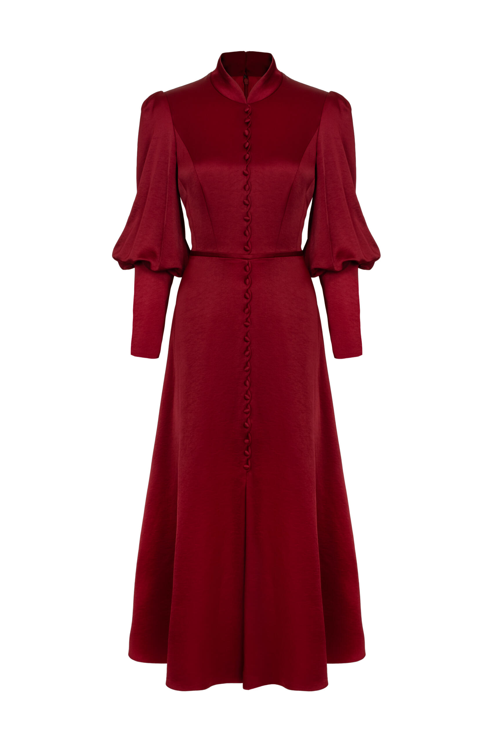 Abingdon Dress Red as seen on Lydia Millen feature bell sleeves with deep cuff and mandarin high collar a-line skirt with split and buttons