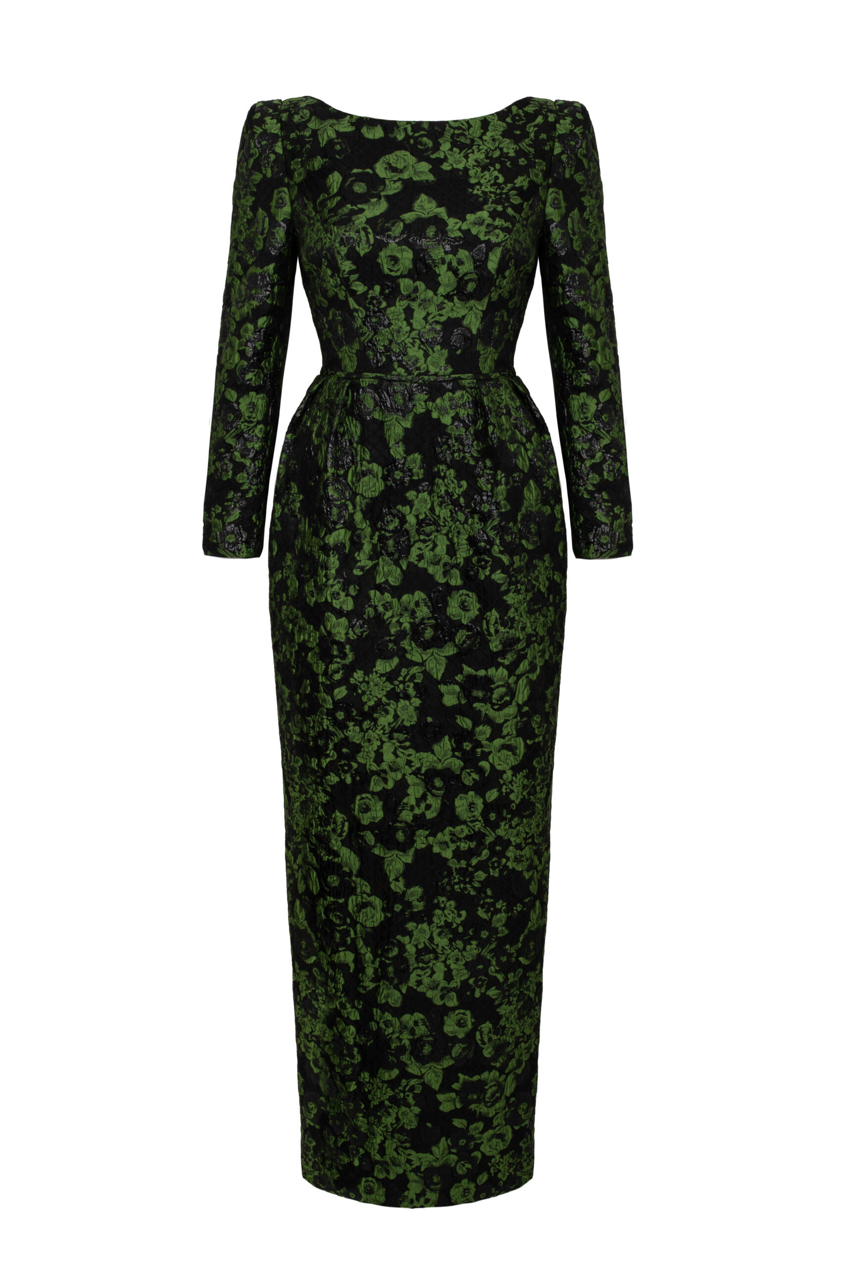 Canterbury Dress Green and Black Floral Dress Long Sleeve Maxi Boat Neckline Fitted